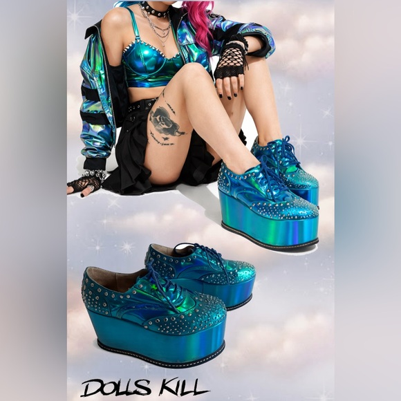Dolls Kill Shoes - 🩵💚💜 Dolls Kill Iridescent Blue Studded Platforms